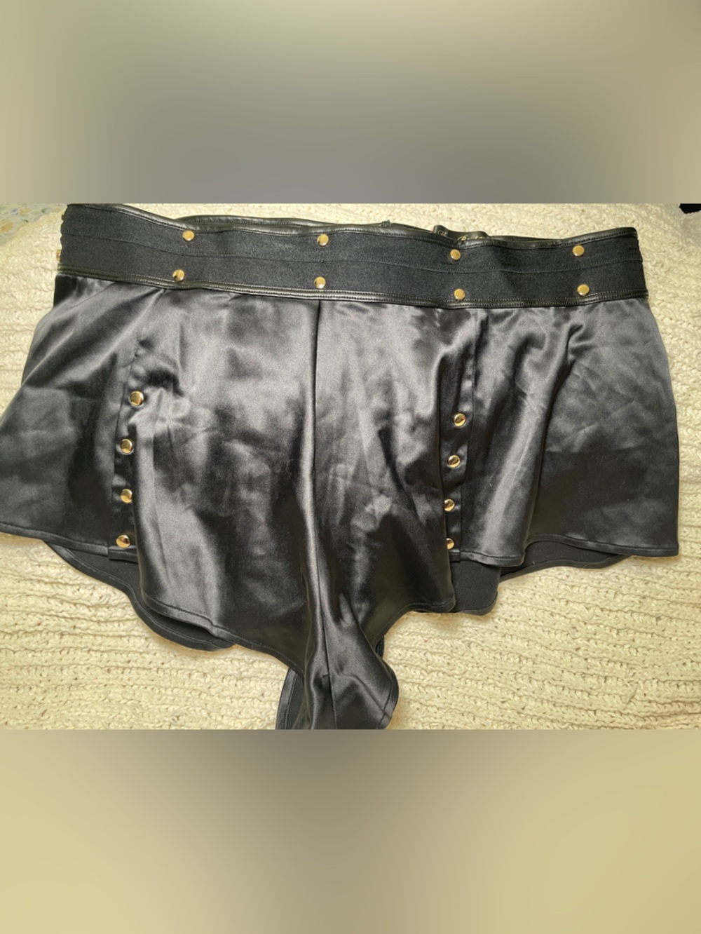 Honey Birdette Black Satin Mini Shorts with Gold Hardware